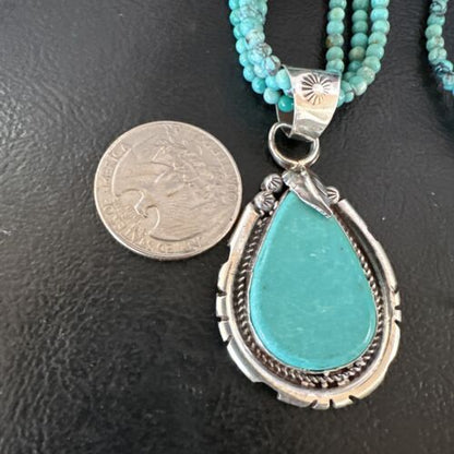 Navajo Blue Turquoise Pendant | Sterling Silver 3-Strand Bead Necklace | 17" | Authentic Native American Handmade | 15998