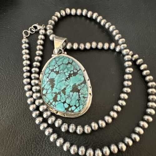 Men's Navajo Blue Spiderweb Turquoise Pendant Necklace | Sterling Silver | Authentic Native American Handmade | 16198