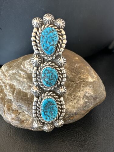 Navajo Blue Kingman Turquoise Cluster Ring | Authentic Native American Sterling Silver | Multi-Stone | Sz 9 | 16322