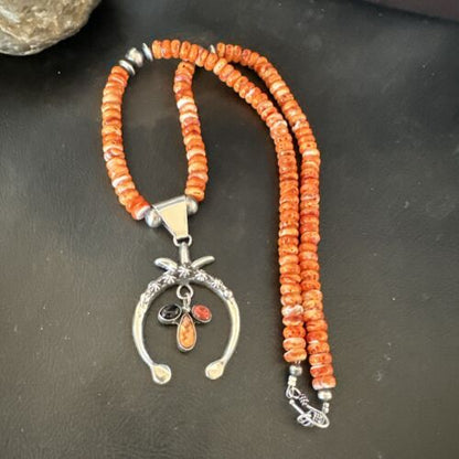 Navajo Red Spiny Oyster Naja Pendant Necklace | Sterling Silver | 23" | Authentic Native American Handmade | 17660