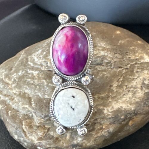 Navajo White Buffalo Turquoise Sugilite Ring | Authentic Native American Sterling Silver | Multi-Stone | Sz 7 | 16719 - Masha USA