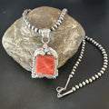 Navajo Red Spiny Oyster Pendant Necklace | Sterling Silver | Authentic Native American Handmade | 16148