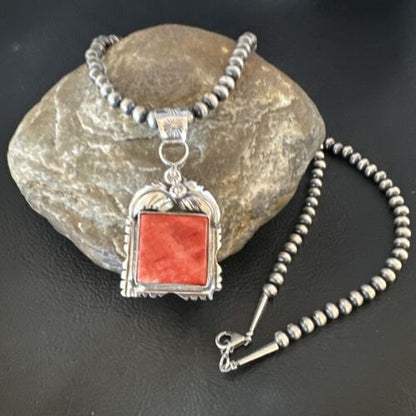 Navajo Red Spiny Oyster Pendant Necklace | Sterling Silver | Authentic Native American Handmade | 16148