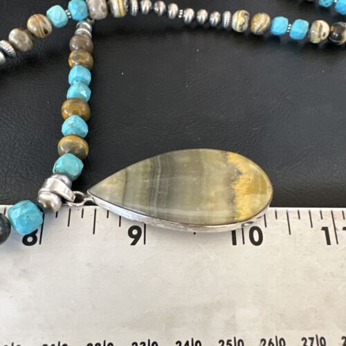 Men's BumbleBee Jasper Pendant Necklace | Navajo Pearls | Sterling Silver | Authentic Native American Handmade | 16875 - Masha USA