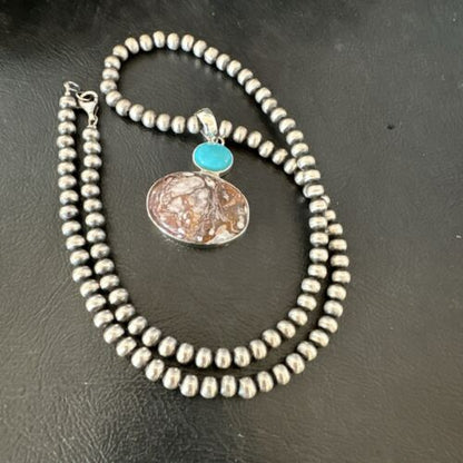 Navajo Wild Horse | Blue Kingman Turquoise Necklace | Sterling Silver | Authentic Native American Handmade | 17339