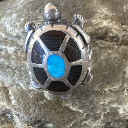 Navajo Blue Turquoise Onyx Turtle Ring | Sterling Silver | Sz 7 | Authentic Native American Handmade | 16980