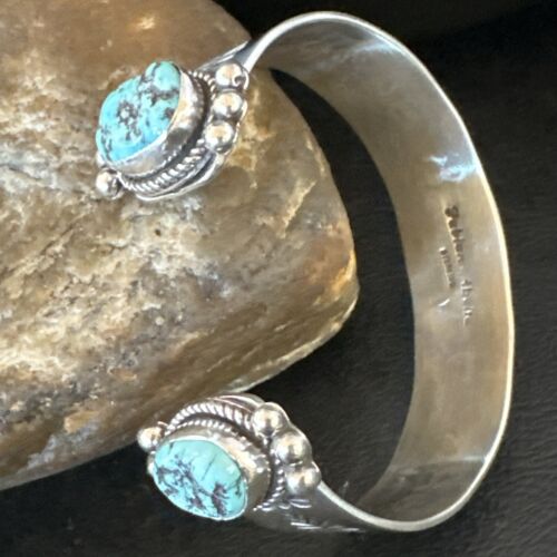 Kingman Turquoise Stamped Cuff Bracelet | Navajo Sterling Silver | Authentic Native American Handmade | 17461