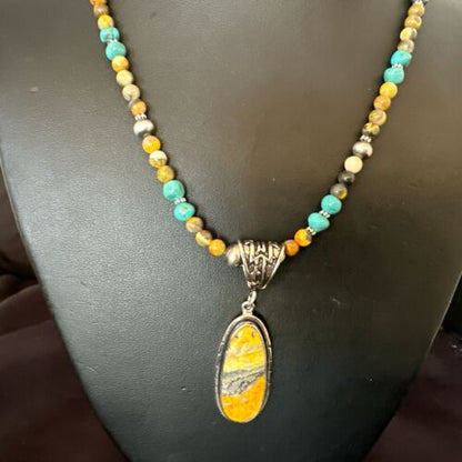 Navajo BumbleBee Jasper Pendant with Pearls | Sterling Silver Necklace | Authentic Native American Handmade | 16877