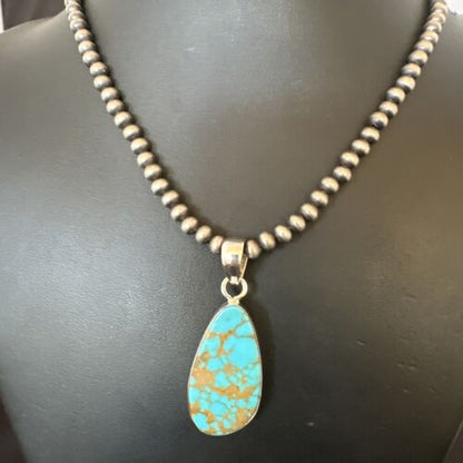 Navajo Blue Kingman Turquoise Pendant Necklace | Sterling Silver Pearls | 20" | Authentic Native American Handmade | 16673