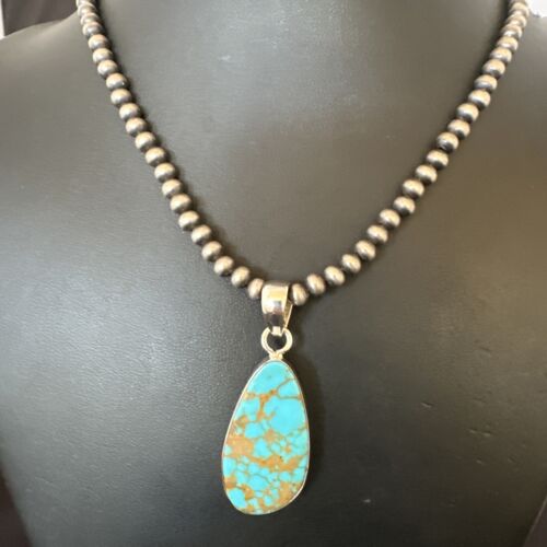 Navajo Blue Kingman Turquoise Pendant Necklace | Sterling Silver Pearls | 20" | Authentic Native American Handmade | 16673
