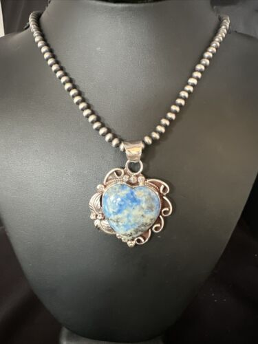 Men's Blue Heart Denim Lapis Pendant | Navajo Pearls Sterling Silver Necklace 21" | 15523