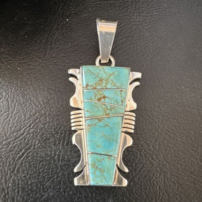 Navajo Blue #8 Turquoise Inlay Pendant | Sterling Silver | 2" | Authentic Native American Handmade | 15685
