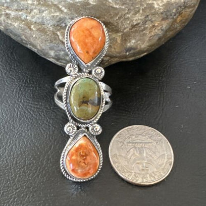 Navajo Green Turquoise Spiny Oyster Multi-Stone Ring | Authentic Native American Sterling Silver | Sz 10 | 16714