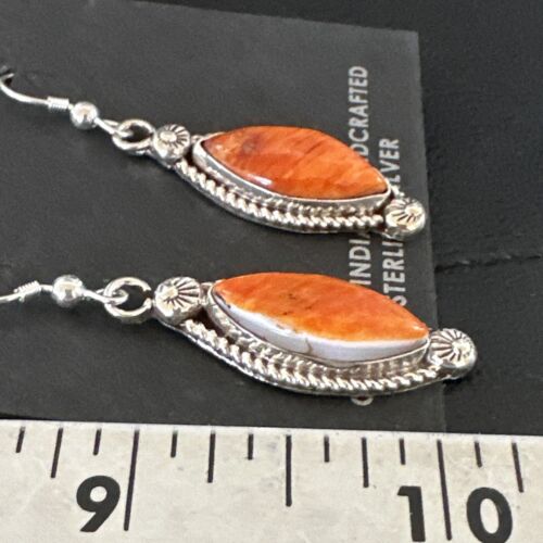 Navajo Orange Spiny Oyster Dangle Earrings | Sterling Silver | Authentic Native American Handmade | 17276