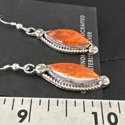 Navajo Orange Spiny Oyster Dangle Earrings | Sterling Silver | Authentic Native American Handmade | 17276