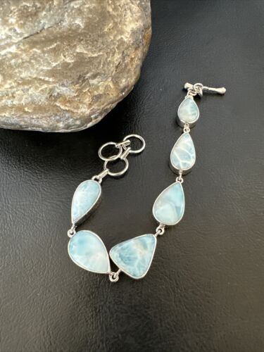 Navajo Blue Larimar Bracelet | Sterling Silver Link | 8" | Authentic Native American Handmade | 16082