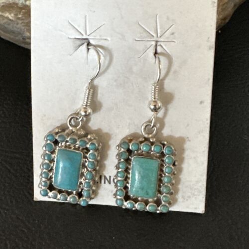 Navajo Blue Turquoise Dangle Earrings | Sterling Silver | Authentic Native American Handmade | 15439