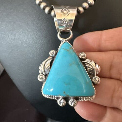 Navajo Sterling Silver Blue Kingman Turquoise Necklace Pendant | Men's Women's | 17478