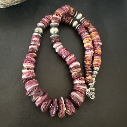 Navajo Purple Spiny Oyster Necklace | Sterling Silver Pearls | 22" | Authentic Native American Handmade | 16703