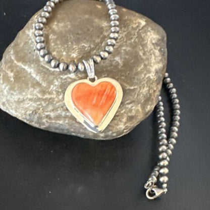 Navajo Orange Heart Spiny Oyster Pendant | Sterling Silver Necklace | Authentic Native American Handmade | 15015