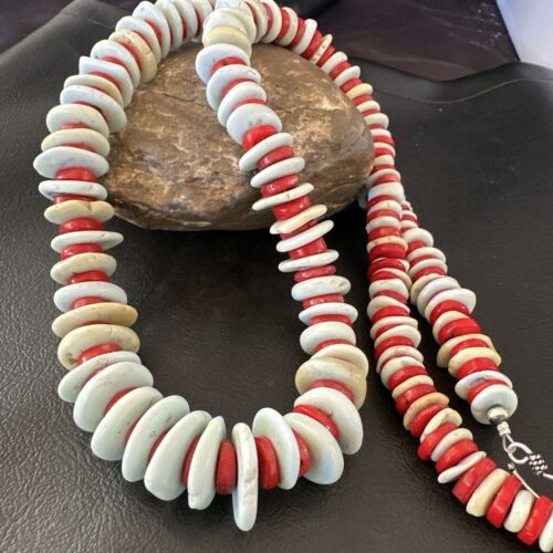 Navajo Sterling Silver Blue Howlite & Red Coral Necklace | Authentic Native American | 30"