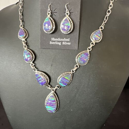 Navajo Purple Opal Lariat Necklace Set | Sterling Silver Pendant & Earrings | Authentic Native American Handmade | 16258 - Masha USA