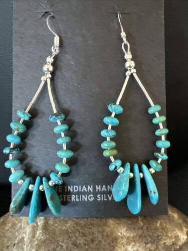 Navajo Blue Cluster Turquoise Bead Earrings | 6mm | Sterling Silver | 2" | Authentic Native American Handmade | 15845