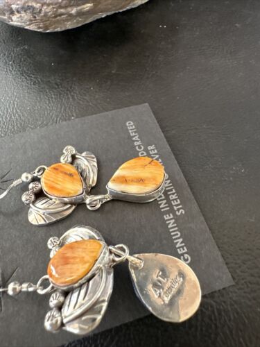 Navajo Orange Spiny Oyster Dangle Earrings | Sterling Silver | 1.5" | Authentic Native American Handmade | 16576
