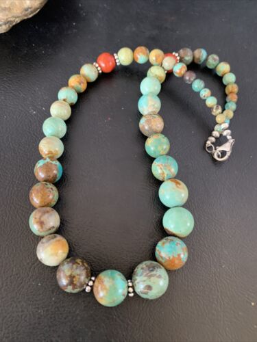 Navajo Green Turquoise & Apple Coral Graduated Necklace | Sterling Silver | Authentic Native American | 18" | 13208