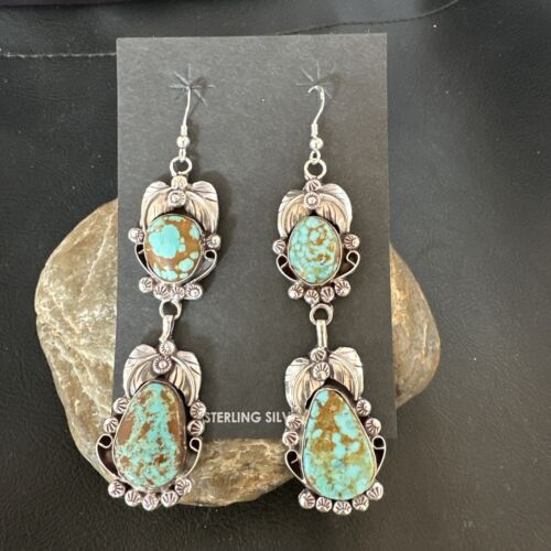 Navajo Blue Turquoise #8 Dangle Earrings | Sterling Silver | Authentic Native American Handmade | 16908