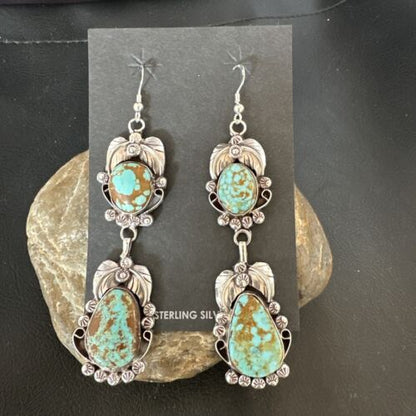 Navajo Blue Turquoise #8 Dangle Earrings | Sterling Silver | Authentic Native American Handmade | 16908