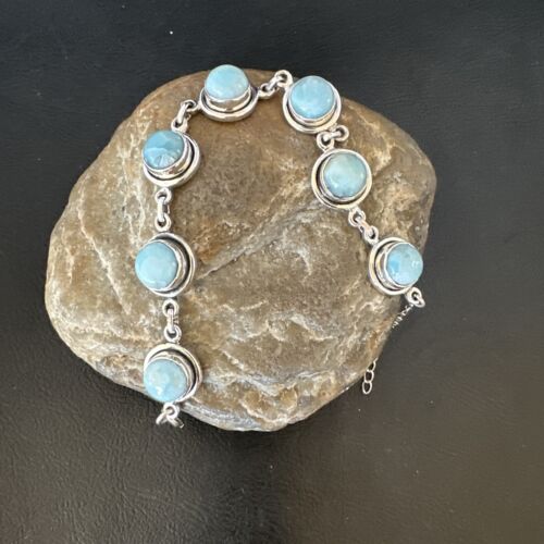 Navajo Blue Larimar Link Bracelet | Sterling Silver | 8" | Authentic Native American Handmade | 16077
