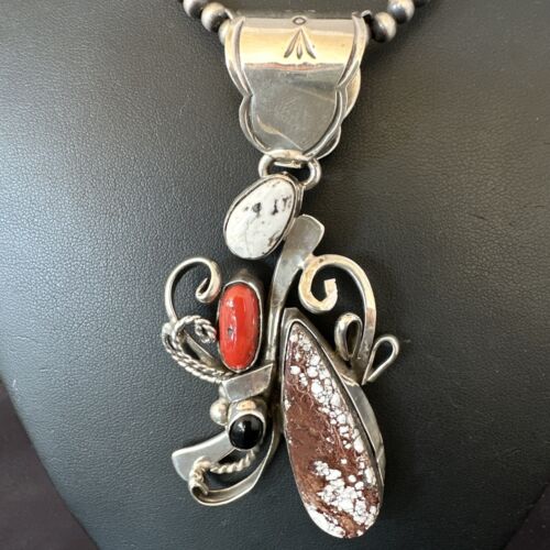 Navajo Sterling Silver Coral Wild Horse Necklace Pendant | Multi-Stone | Authentic Native American Handmade | 15946