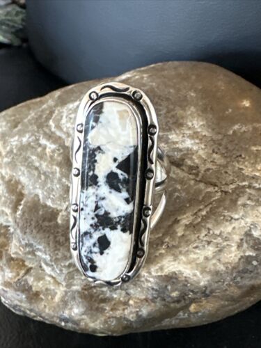 White Buffalo Turquoise Navajo Ring | Sterling Silver | Sz 9 | Authentic Native American Handmade | 16387