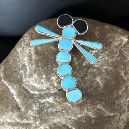 Navajo Blue Kingman Turquoise Dragonfly Inlay Pin Pendant | Sterling Silver | Authentic Native American Handmade | 15169