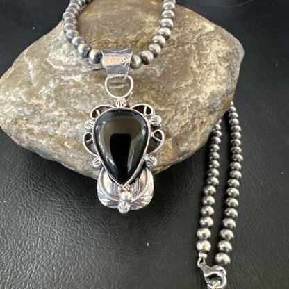 Navajo Pearls Black Onyx Necklace Pendant | Sterling Silver | Authentic Native American Handmade | 16532
