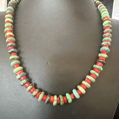 Navajo Green Turquoise and Round Coral Necklace | Sterling Silver | 18" | Authentic Native American Handmade | 17580 - Masha USA