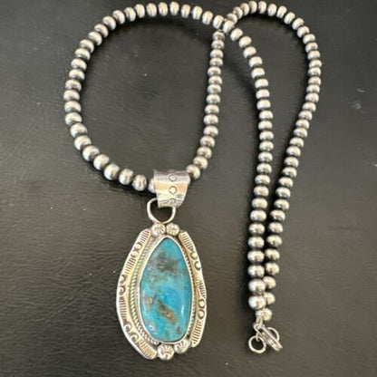 Navajo Pearls Kingman Turquoise Pendant Necklace | Sterling Silver | Authentic Native American Handmade | 17127
