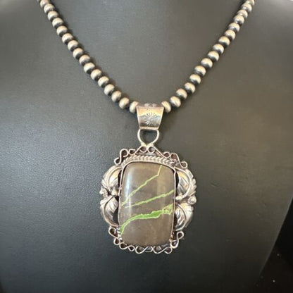 Navajo Green Boulder Turquoise Necklace Pendant | Sterling Silver | Men's Women's | 16134