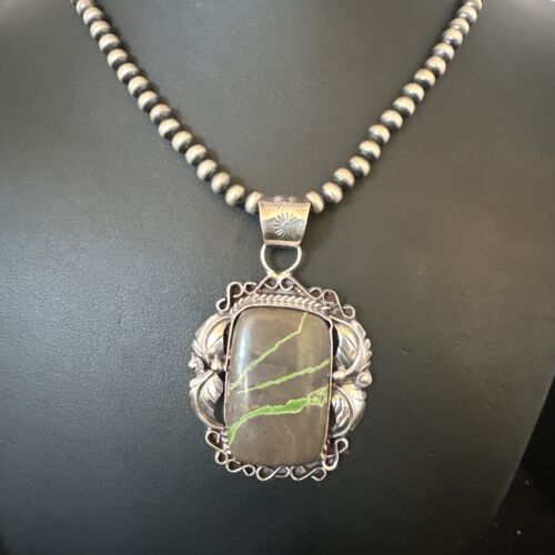 Navajo Green Boulder Turquoise Necklace Pendant | Sterling Silver | Men's Women's | 16134