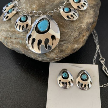 Navajo Blue Turquoise Bear Paw Shadow Box Necklace & Earring Set | Sterling Silver | Authentic Native American Handmade | 17466