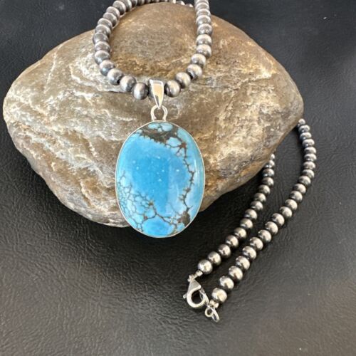 Men's Navajo Blue Spiderweb Turquoise Pendant Necklace | Sterling Silver | Authentic Native American Handmade | 16300