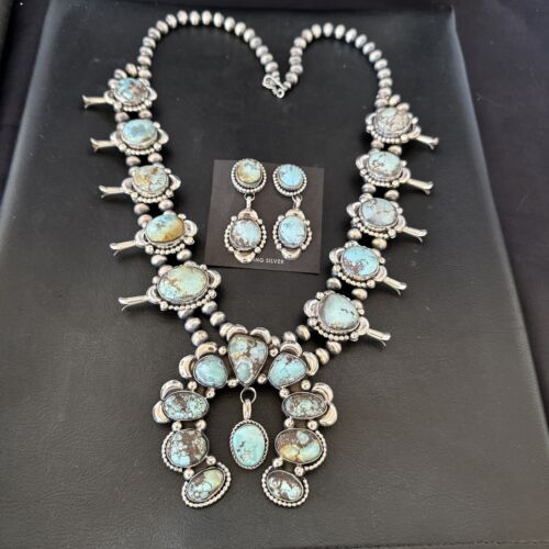 Navajo Blue Golden Hills Turquoise Squash Blossom Necklace & Earrings | Sterling Silver | 17211