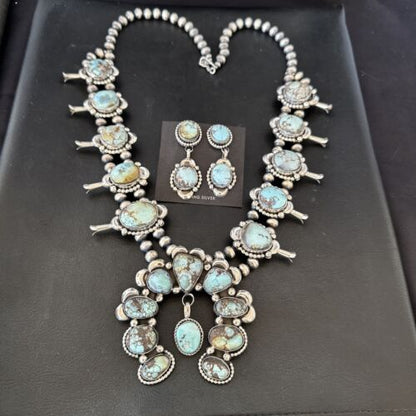 Navajo Blue Golden Hills Turquoise Squash Blossom Necklace & Earrings | Sterling Silver | 17211