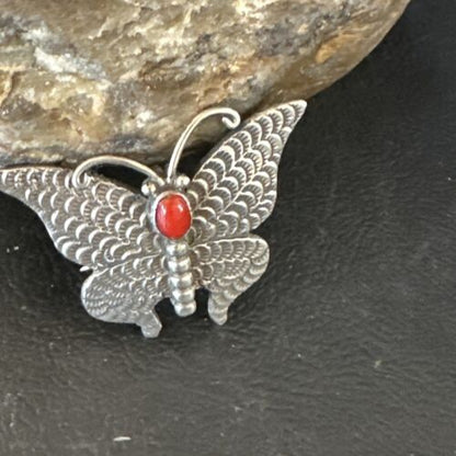 Navajo Butterfly Red Coral Pin Pendant | Sterling Silver | 1.25" | Authentic Native American Handmade | 15526