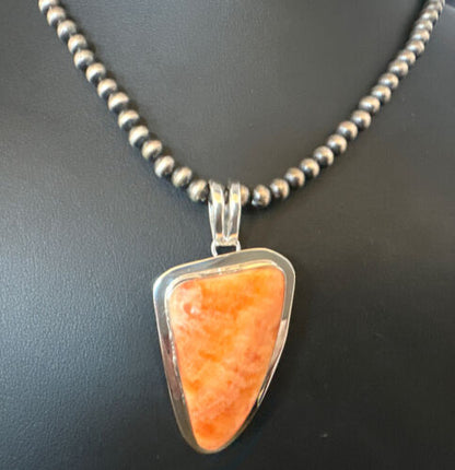 Navajo Pearls Orange Spiny Oyster Necklace Pendant | Sterling Silver | Authentic Native American Handmade | 15003