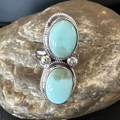 Navajo Blue Dry Creek Turquoise 2 Stone Ring | Authentic Native American Sterling Silver | Multi-Stone | Sz 9 | 16736