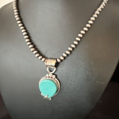 Women's Blue Turquoise Pendant Necklace | Navajo Pearls | Sterling Silver | Authentic Native American Handmade | 15658