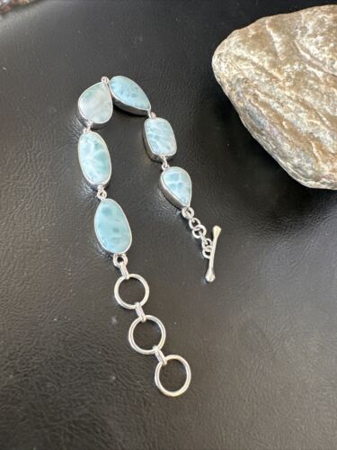 Navajo Blue Larimar Bracelet | Sterling Silver Link | 8" | Authentic Native American Handmade | 16075