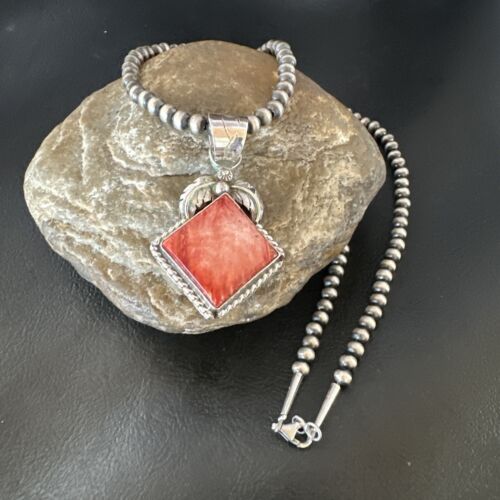 Navajo Red Spiny Oyster Pendant Necklace | Sterling Silver | Authentic Native American Handmade | 16144
